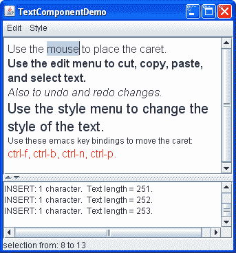 TextComponentDemo 的快照，其中包含自定义文本窗格和标准文本区域