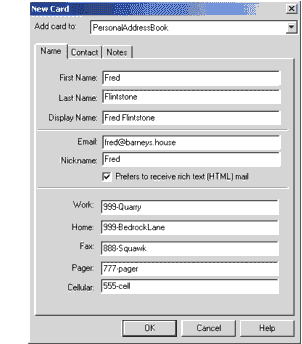 Mozilla Thunderbird 联系人详细信息卡的快照。