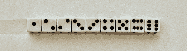用实际骰子说明的六面骰子的九种可能配置