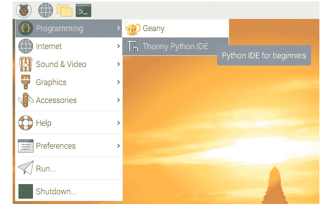 Figure 3.2 – The Thonny and Geany Python IDEs in the Raspbian menu 