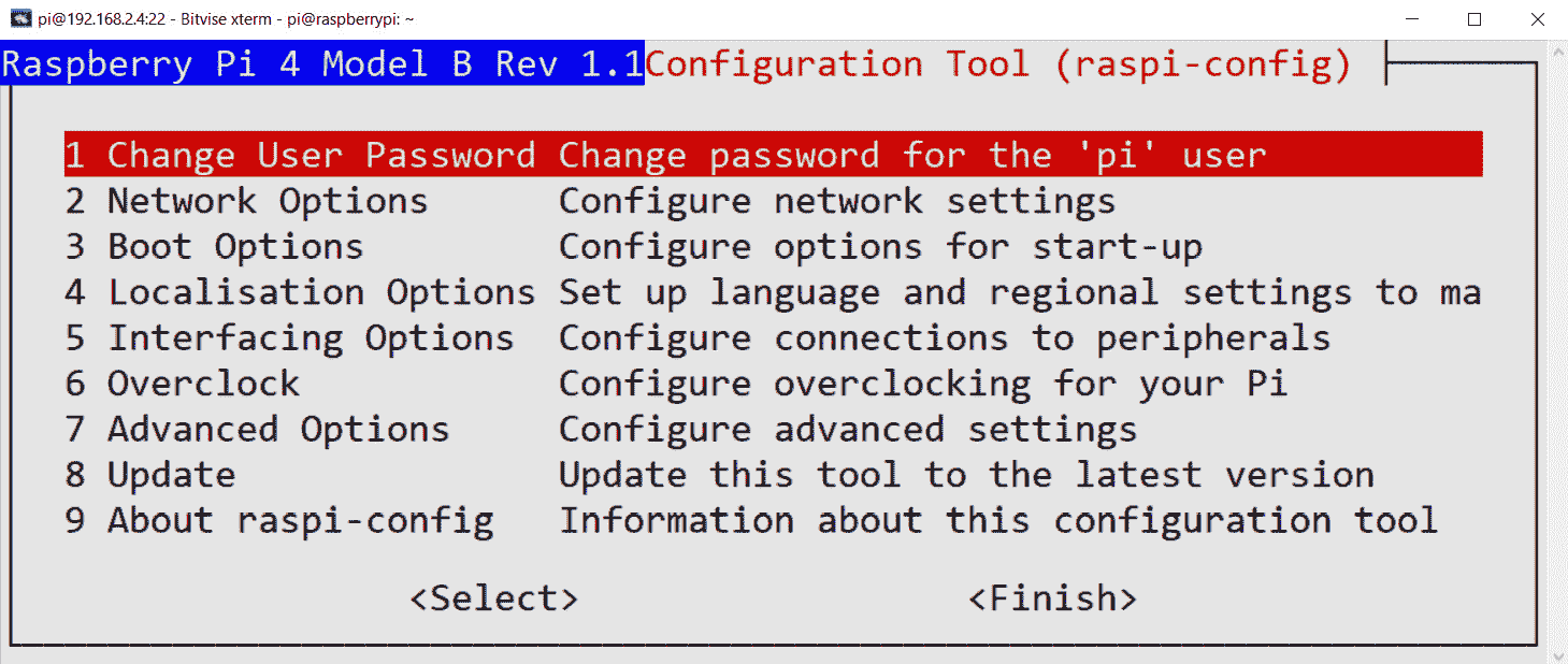 Figure 13.6 – The main menu of the raspi-config utility 